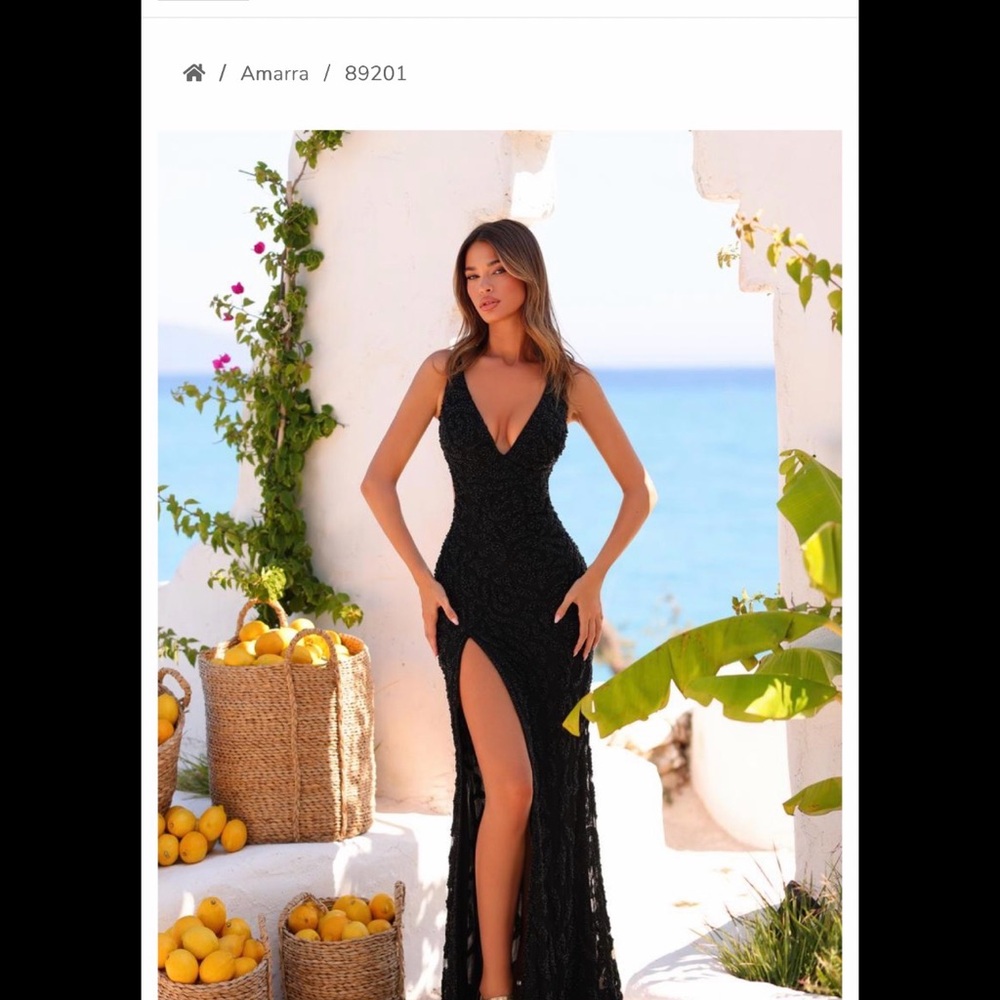 AMARRA 89201 Black V-Neck Beaded Evening/Prom Gown with High Slit and Open Back